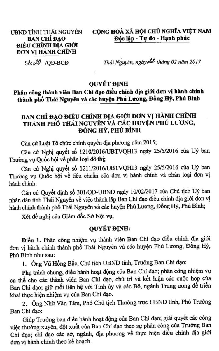Quyết định phân công thành viên BCĐ điều chỉnh địa giới đơn vị hành chính TP Thái Nguyên và các huyện: Phú Lương, Đồng Hỷ, Phú Bình