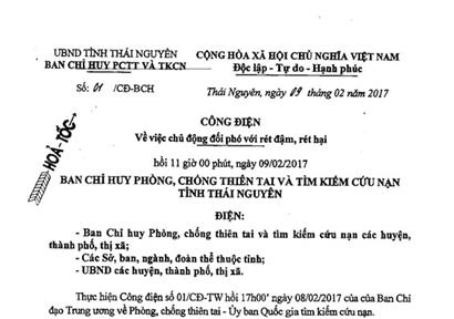 Công điện về việc chủ động đối phó với rét đậm, rét hại