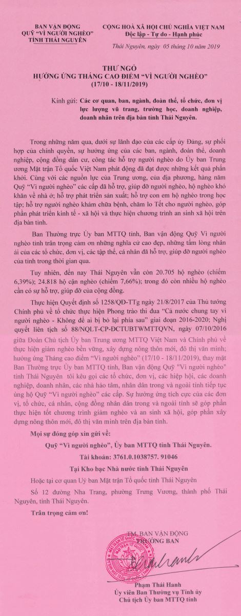 Thư ngỏ hưởng ứng Tháng cao điểm “Vì người nghèo”