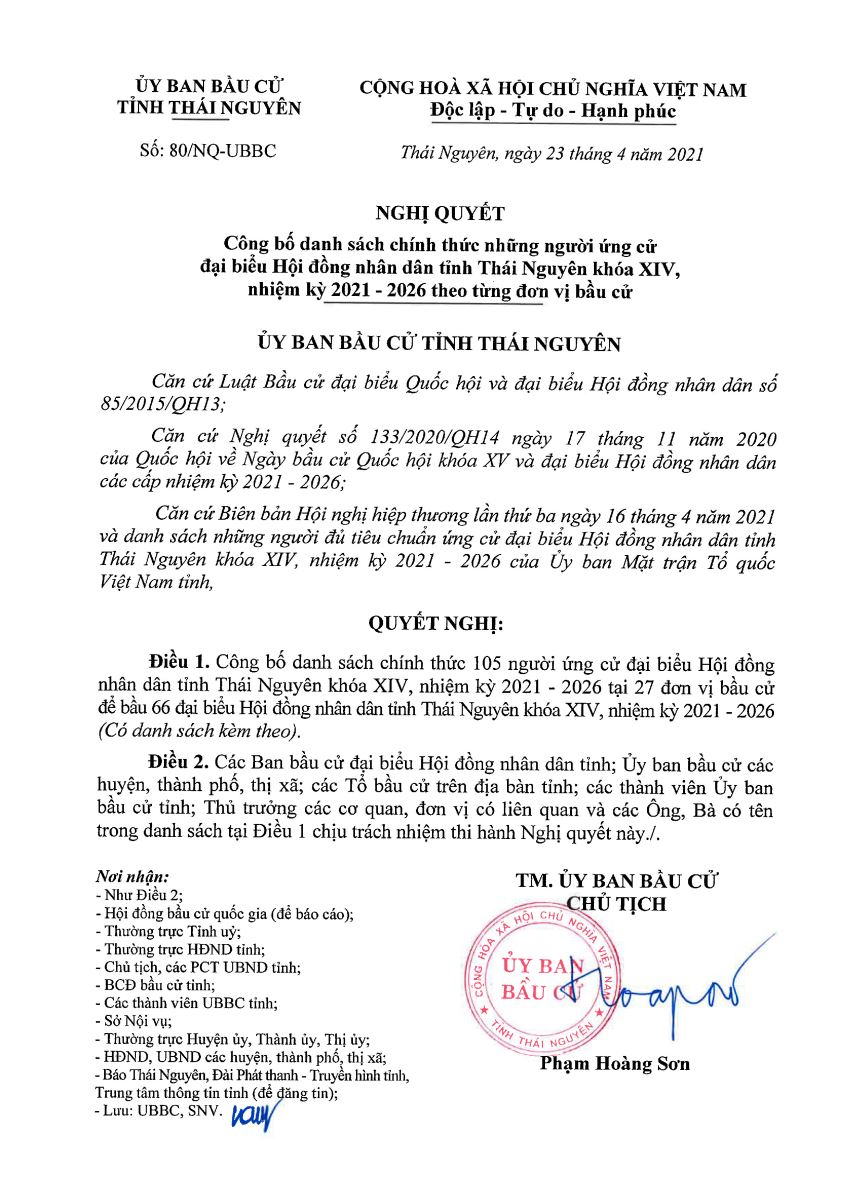 Công bố danh sách những người ứng cử đại biểu HĐND tỉnh Thái Nguyên khóa XIV theo từng đơn vị bầu cử