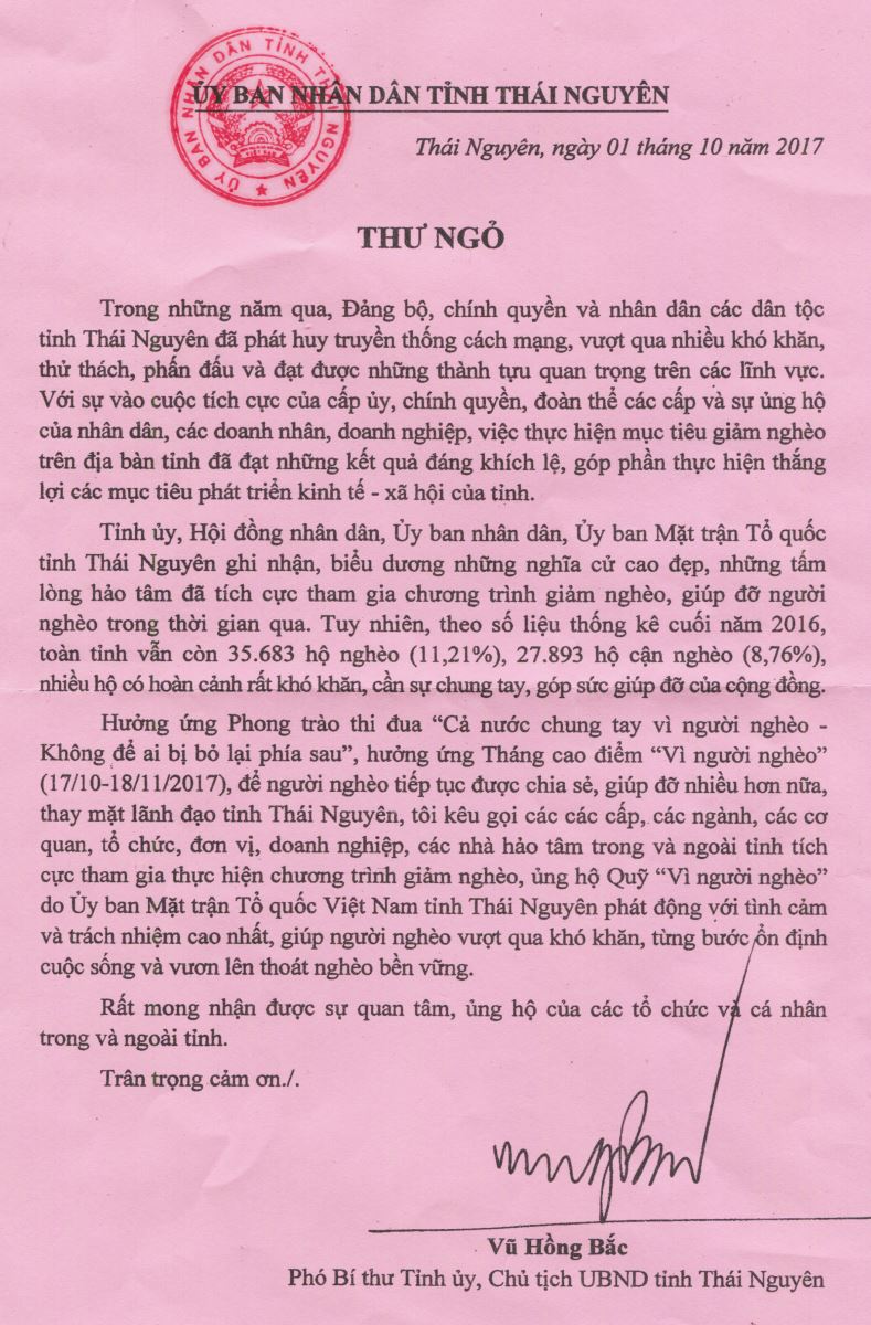 Thư ngỏ kêu gọi tham gia thực hiện chương trình giảm nghèo, ủng hộ Quỹ “Vì người nghèo” 