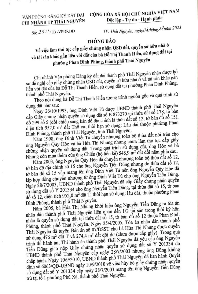Thông báo về việc cấp giấy chứng nhận QSD đất, quyền sở hữu nhà ở và tài sản khác gắn liền với đất của bà Đỗ Thanh Hiền, sử dụng đất tại phường Phan Đình Phùng, thành phố Thái Nguyên
